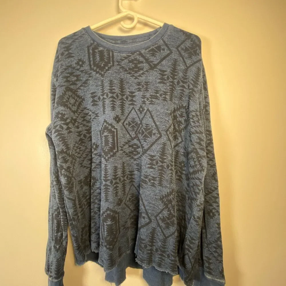 Lucky Brand Aztec thermal waffle Men's Crewneck Sweater in Blue Pattern